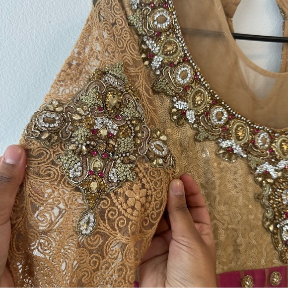 Elegant Pink and Gold Three-Piece Lehenga with Velvet Borders - Picture 8 of 16